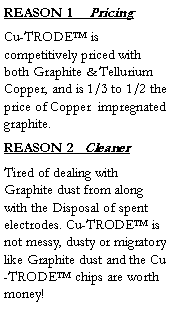 Text Box: REASON 1     Pricing
Cu-TRODE™ is competitively priced with both Graphite & Tellurium Copper, and is 1/3 to 1/2 the price of Copper  impregnated  graphite.
REASON 2   Cleaner
Tired of dealing with Graphite dust from along with the Disposal of spent electrodes. Cu-TRODE™ is not messy, dusty or migratory like Graphite dust and the Cu-TRODE™ chips are worth money! 
