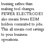 Text Box: burning rather than making tool changes. FEWER ELECTRODES also means fewer EDM holders commited to jobs. This all means cost savings to your business operations.

